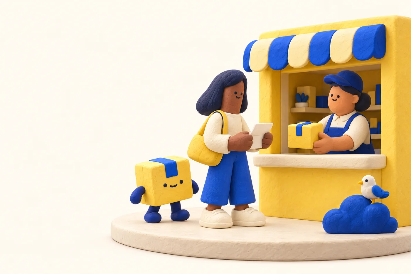 A clay recipient and the parcel companion visit a neighborhood pickup kiosk.